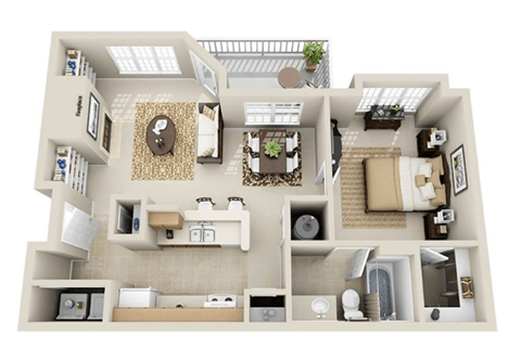 Floor plan for 1 bed, 1 bath, 736 sqft